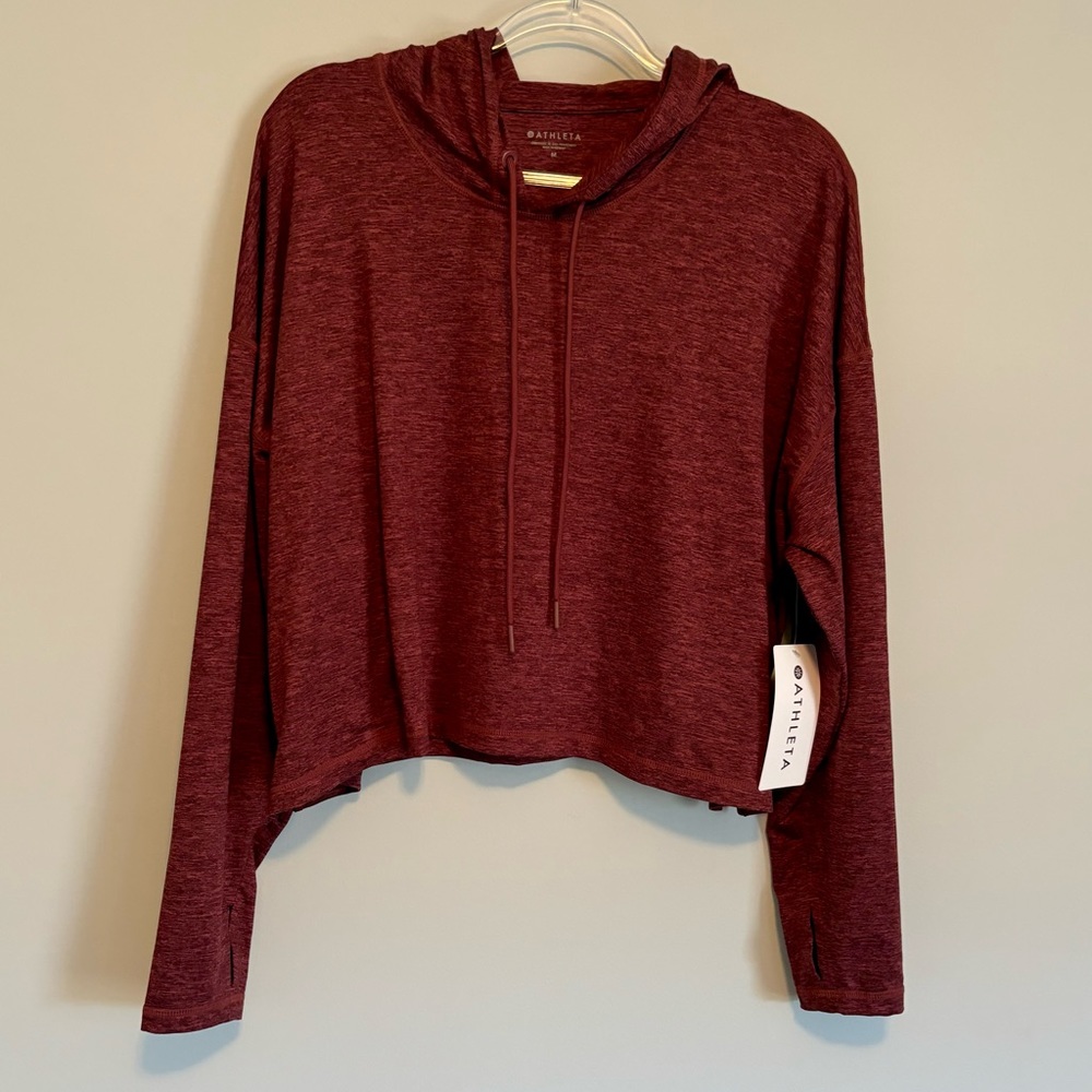 NEW Athleta Red Maroon Heathered Long Sleeve Uptempo Short Hoodie Cropped Sz M